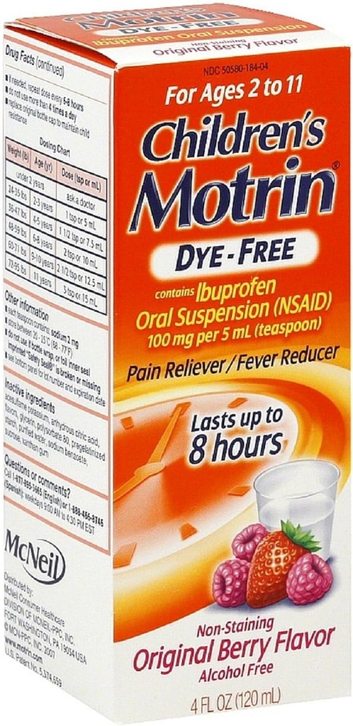 Riduttore di dolore senza dio per bambini Motrin/Riduttore di febbre, Aroma di bacche originale 4 Oz (3 Confezione)