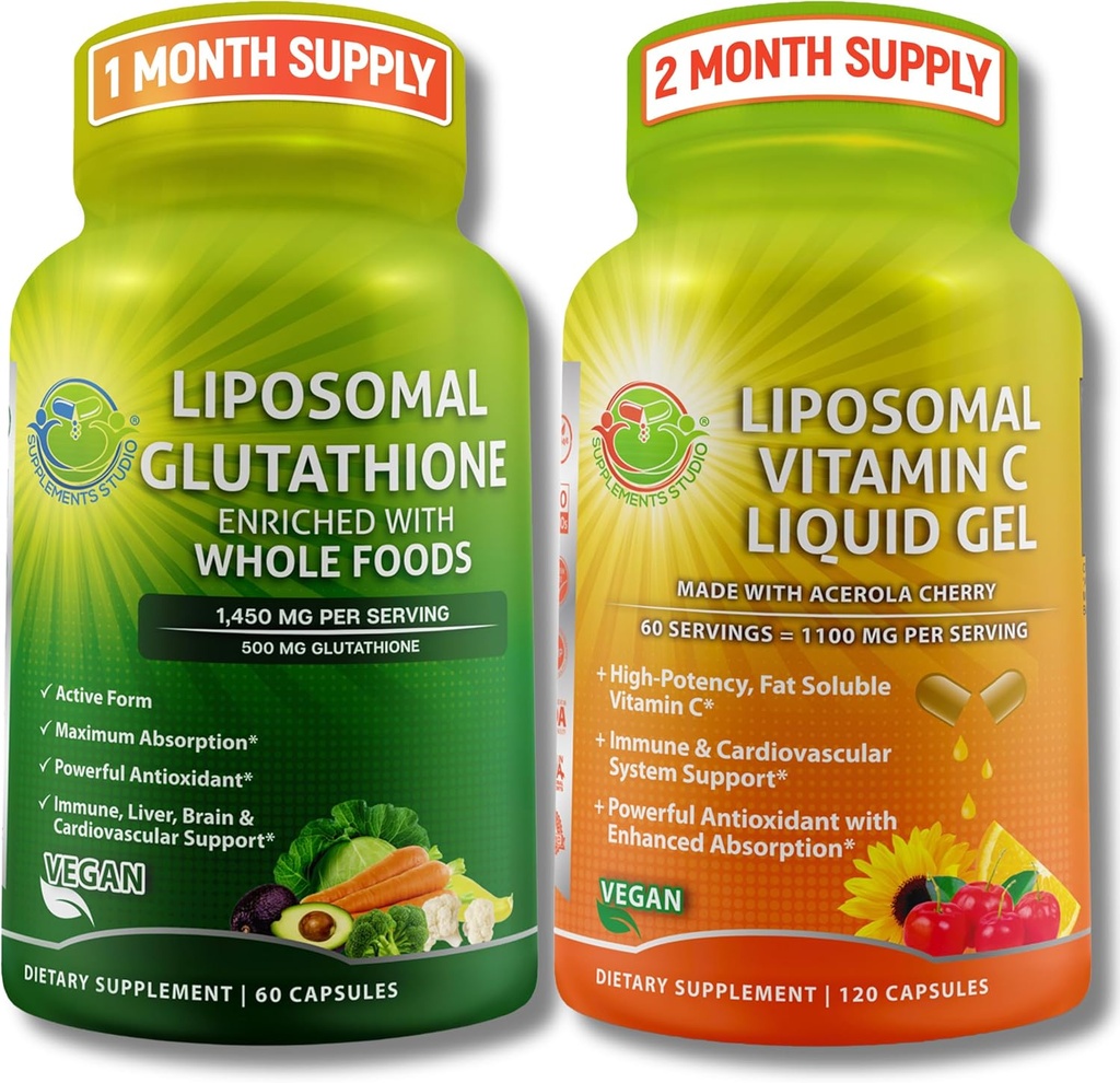 SUPPLEMENTARI STUDIO Antiossidante, Bundle di supporto cellulare e immunitario – Glutathione Liposomal 500mg con alimenti integrali biologici + Vitamina Liposomica C 1100mg con Ciliegia organica Acerola