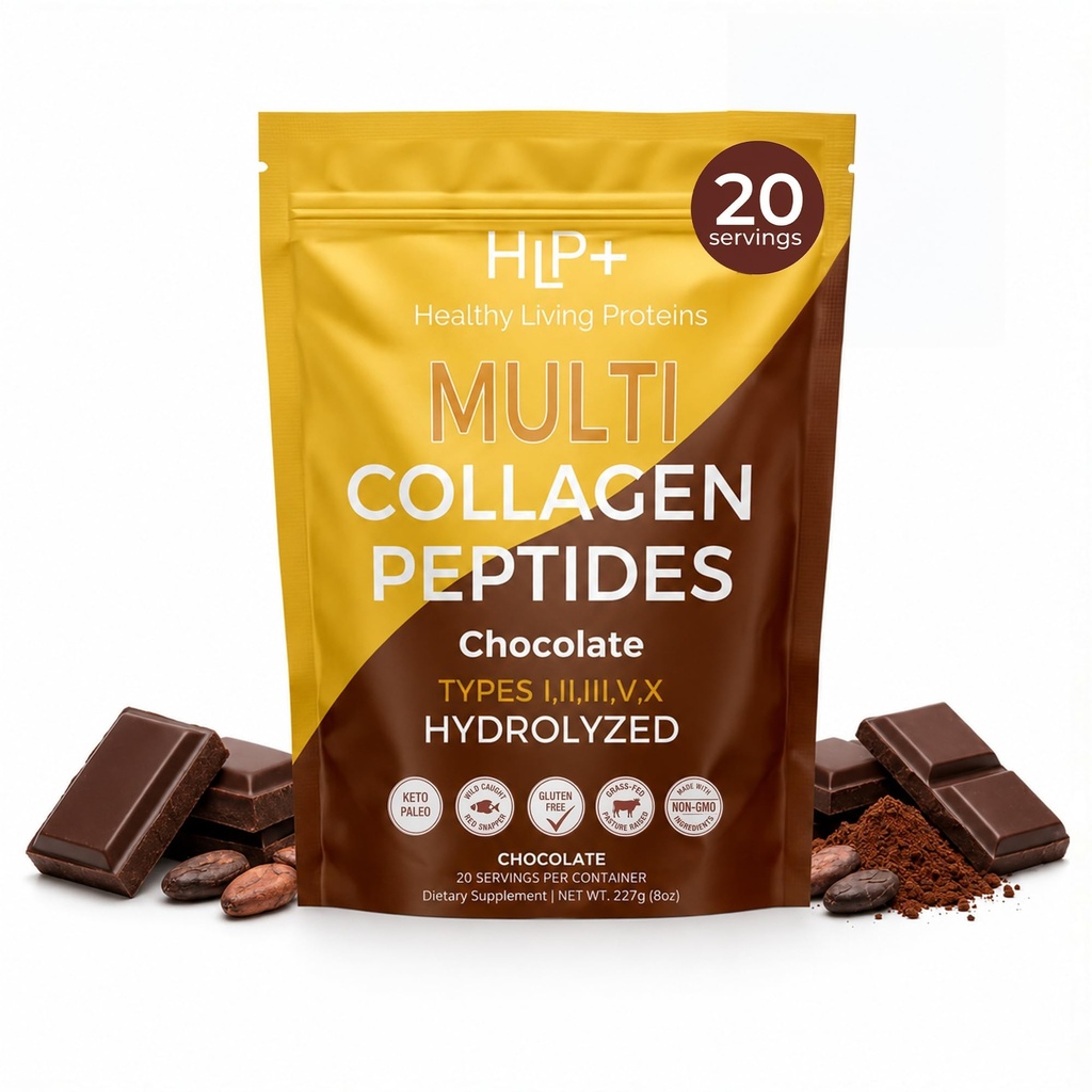 Proteine viventi sane - Peptidi multi collagene idrolizzati Tipi di polvere I, II, III, V & X - Grass Fed Bovine, Wild Caught Marine, Free Range Chicken - Gluten Free (Chocolate, 8 oz)