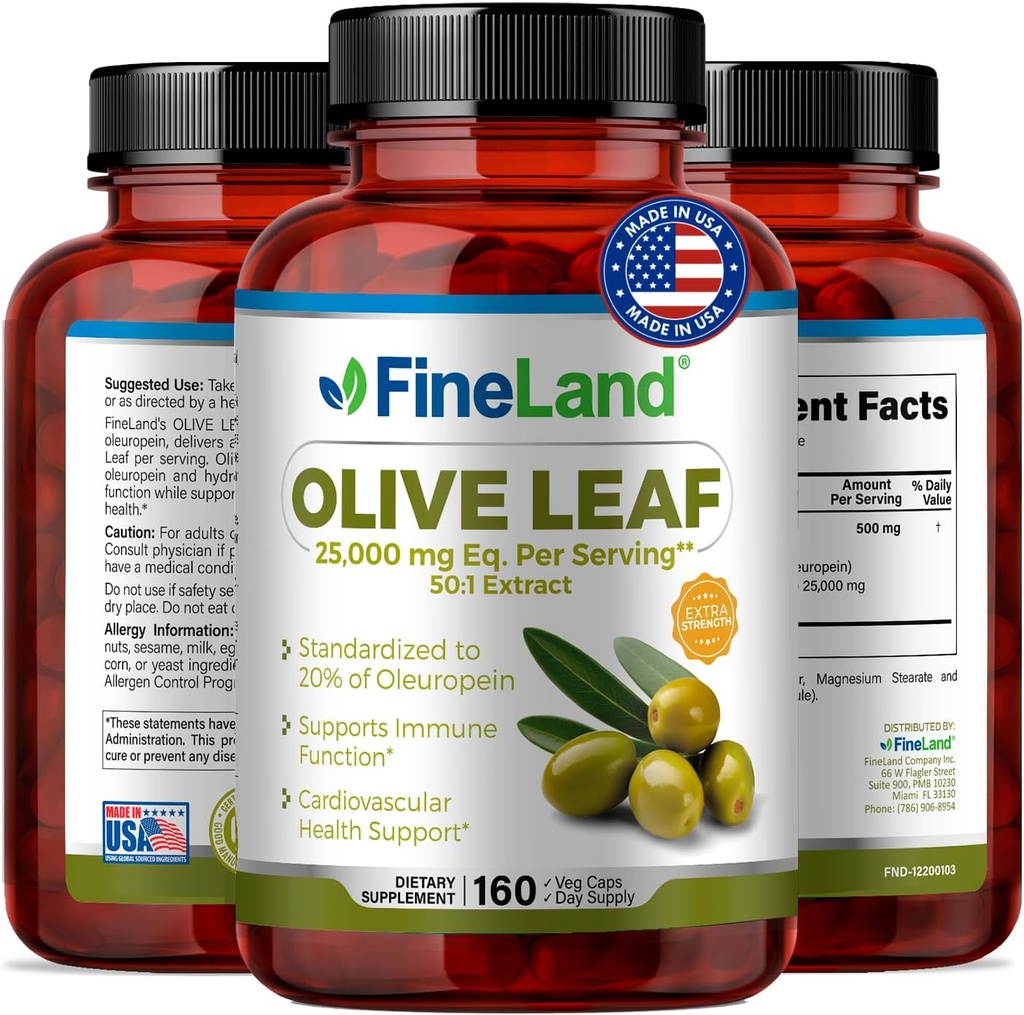 Estratto di foglie di oliva fineLand 50x – 25.000mg Eq. per Serving | 160 Vegan Caps, Estratto di oliva con 20% Oleuropein | Integratore antiossidante a base di erbe per il supporto circolatorio e immunitario, Made in USA