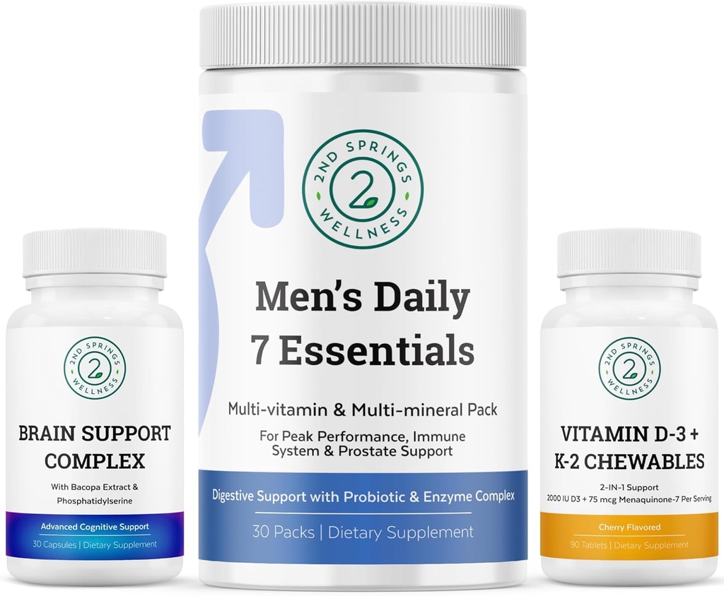 Bundle di vitalità della salute degli uomini: Complesso di sostegno del cervello, Elementi essenziali giornalieri degli uomini 7 e vitamina D3 + K2