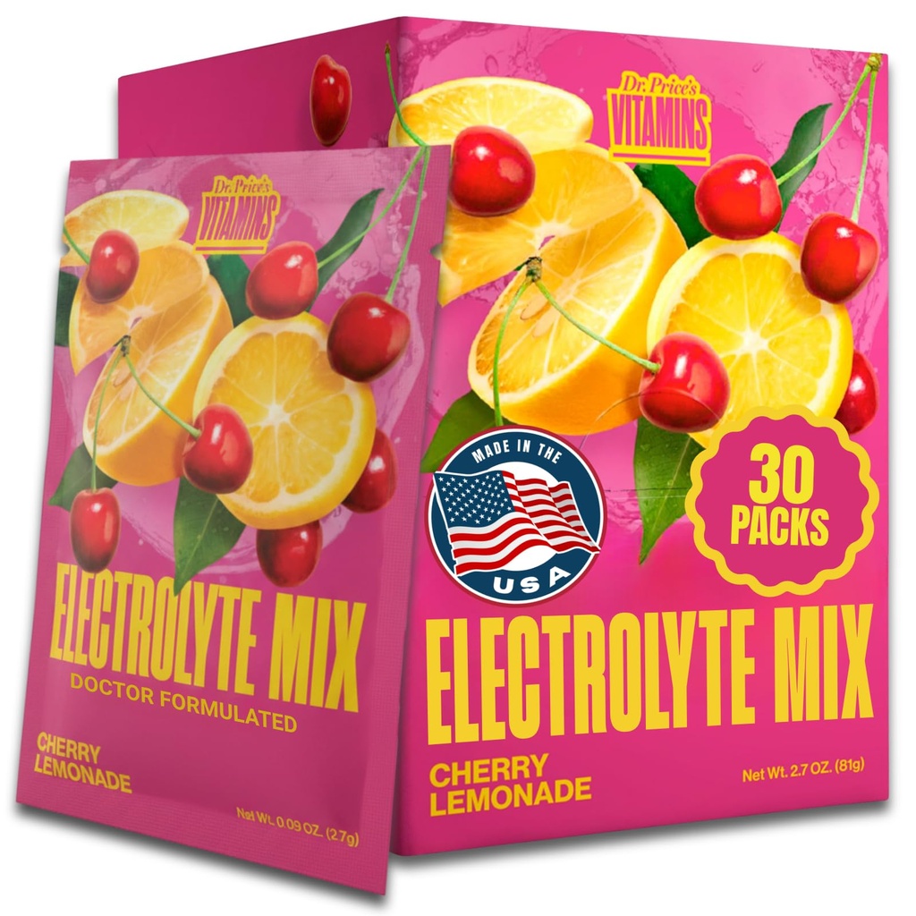 Dr. Price’s Electrolyte Mix | Polvere di idratazione senza zucchero con 72+ minerali Trace | No Sugar, Fast-Dissolving Electrolytes Powder Packets | Cherry Lemonade (30 pacchetti)