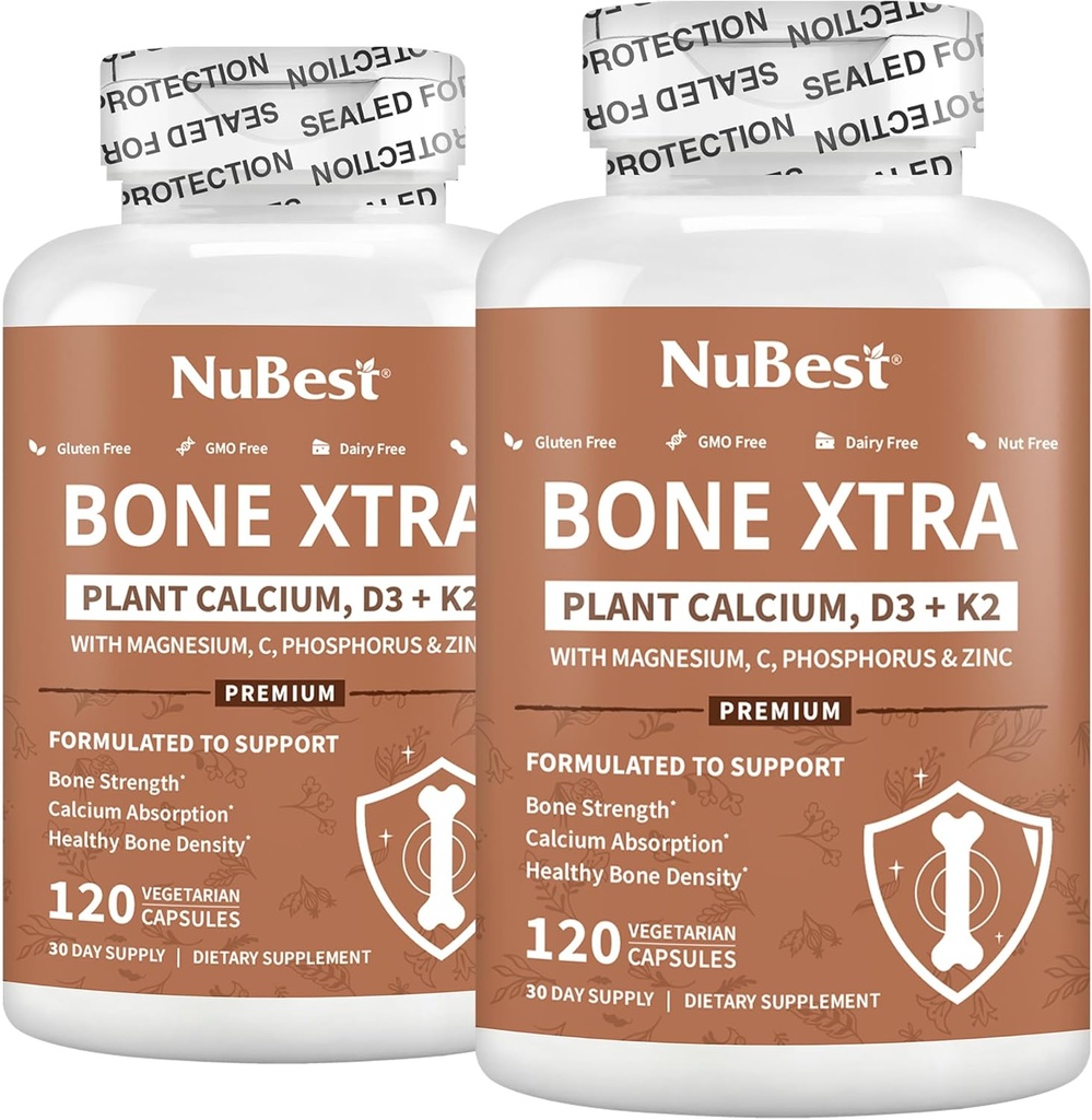 NuBest Bone Xtra Plant-Based Bone Strength Formula con calcio, magnesio da alghe marine, fosforo, vitamina C, K2, D3 | Immunity & Maximum Calcium Absorption