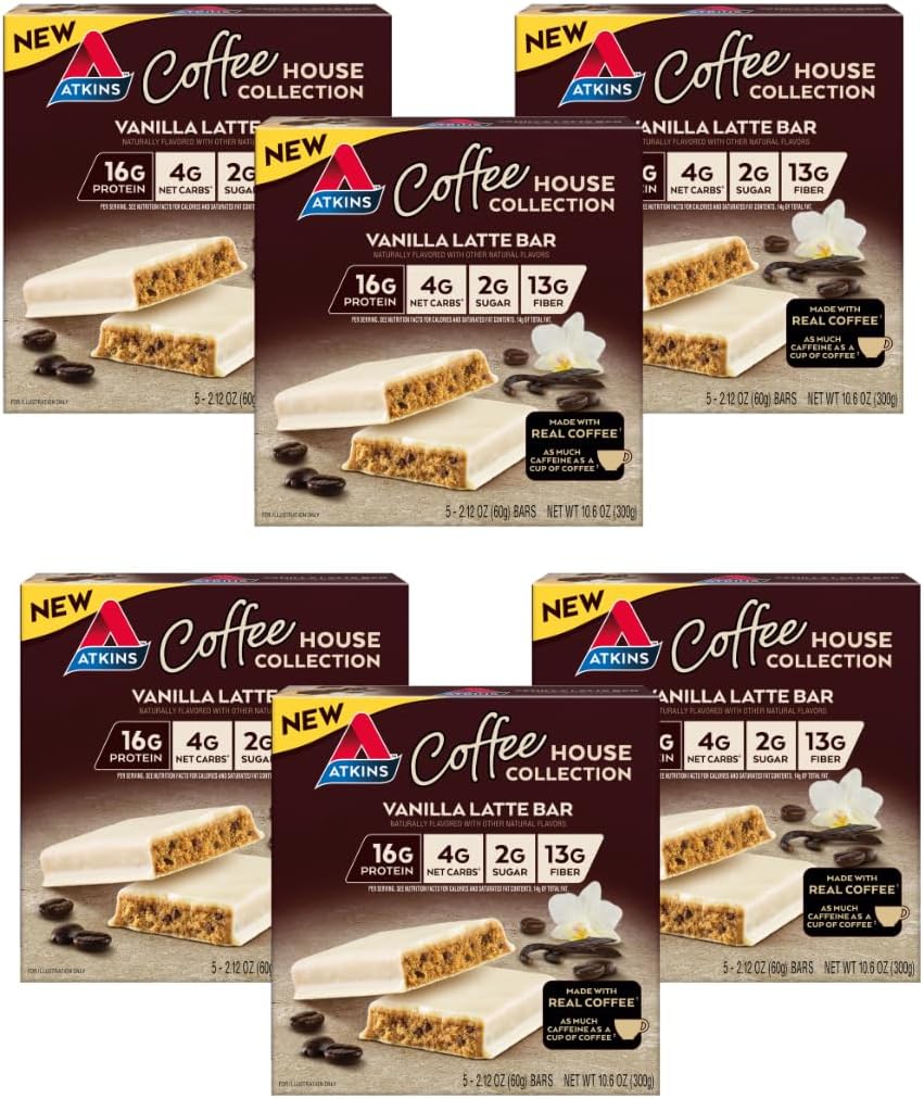 Atkins Coffee House Meal Bar, Vanilla Latte, 16g Protein, 4g Carbs Net, 2g Zucchero, 13g Fiber, Realizzato con caffè reale, 5 Conte (Pack of 6)