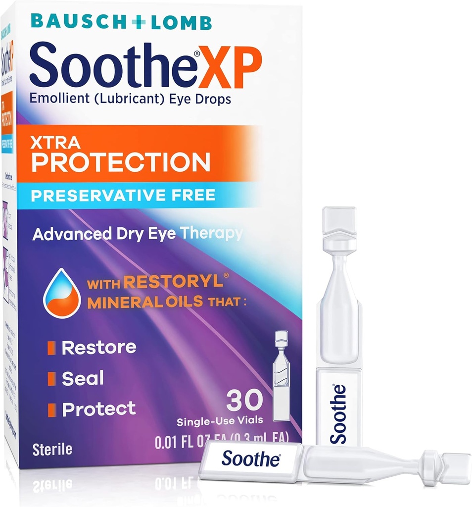 Soothe XP Preservative Free Eye Drops, Xtra Protection Lubricating Eye Drops for Dry Eyes, Allevia l'irrigazione & protegge contro la perdita di Tear, Avanzata Dry Eye Therapy, Vials monouso, 30 Conte