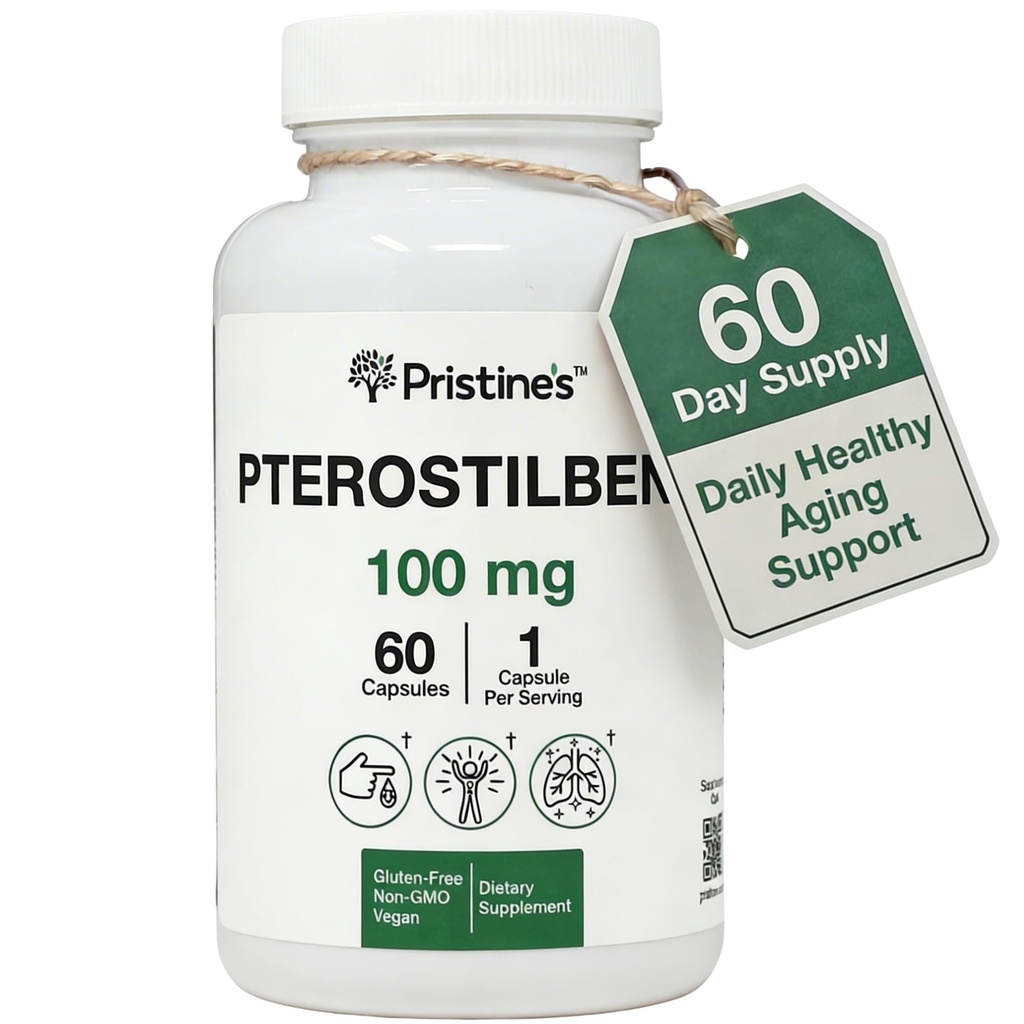 PriSTINE'S Pterostilbene 100mg Anti Aging Supplement Capsule - Alimentazione 60 giorni - Lung Health & Mental Clarity Antioxidant - Biodisponibilità elevata Vegan Non OGM