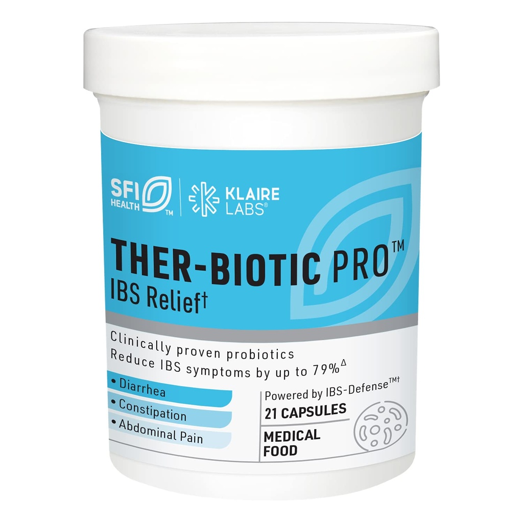 Klaire Labs SFI Health Ther-Biotic Pro IBS Relief per le donne e gli uomini - Prebiotics & Probiotics per IBS & Digestive Health - Ease occasionalal Bloating, Constipation & Discomfort (21 capsule)