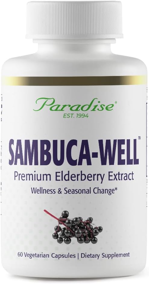 Paradise Herbs Sambuca-Well, Sambucas Nigra, Elderberry europeo 50:1 Extract, Super Potent, Ultra Pure, Vegan, Non OGM, Gluten Free, 60 capsule vegetariane