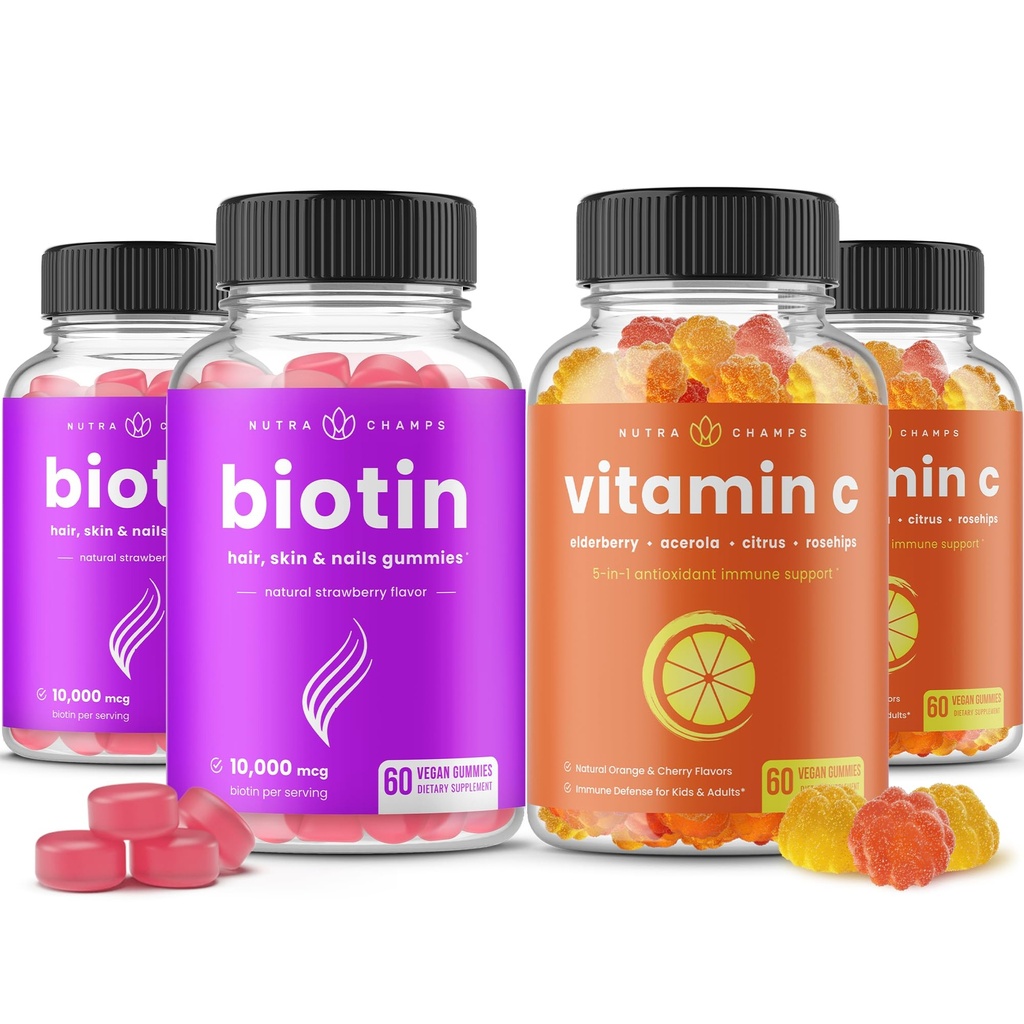 NutraChamps Biotin Gummies (2 Pack) e Vitamina C Gummies (2 Pack) 4 Pack Bundle