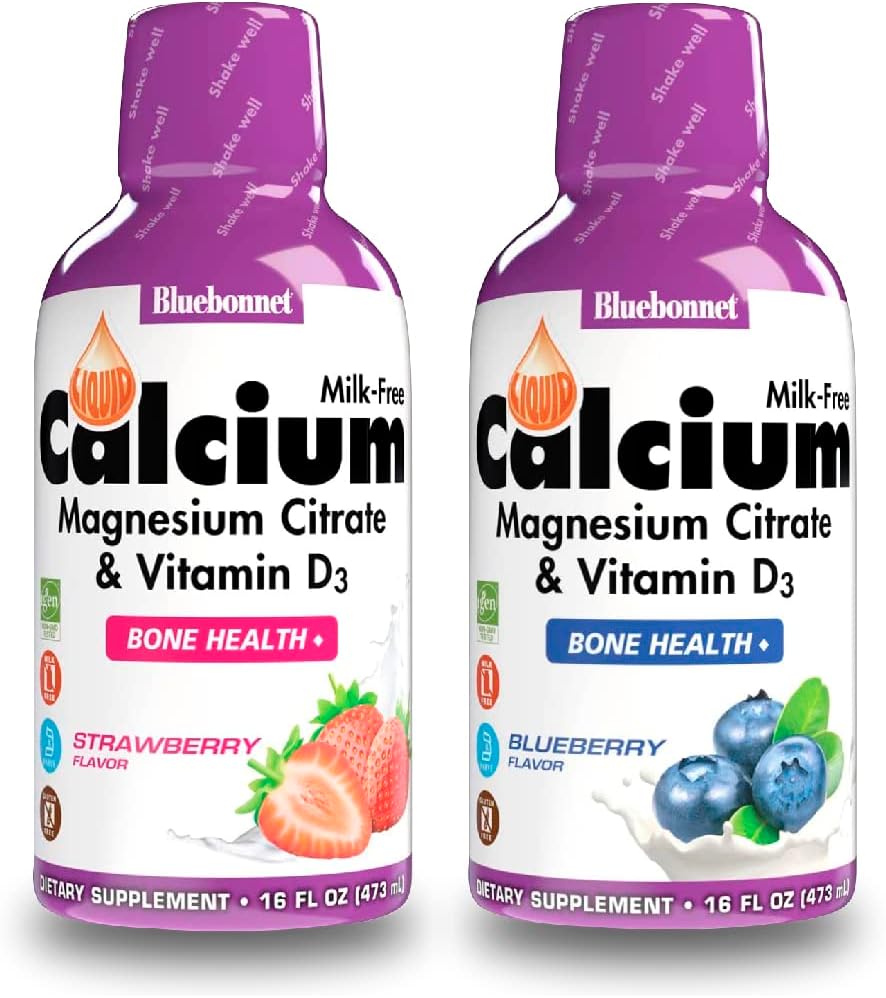 Citrato di Magnesio di Citrato di Calcio Liquido di Bluebonnet Nutrition, Vitamina D3- Bundle di Mirtillo Flavor e Fragola Flavor, 2 Bottiglia di 16 Fl Oz Ogni (32 Fl Oz Totale)