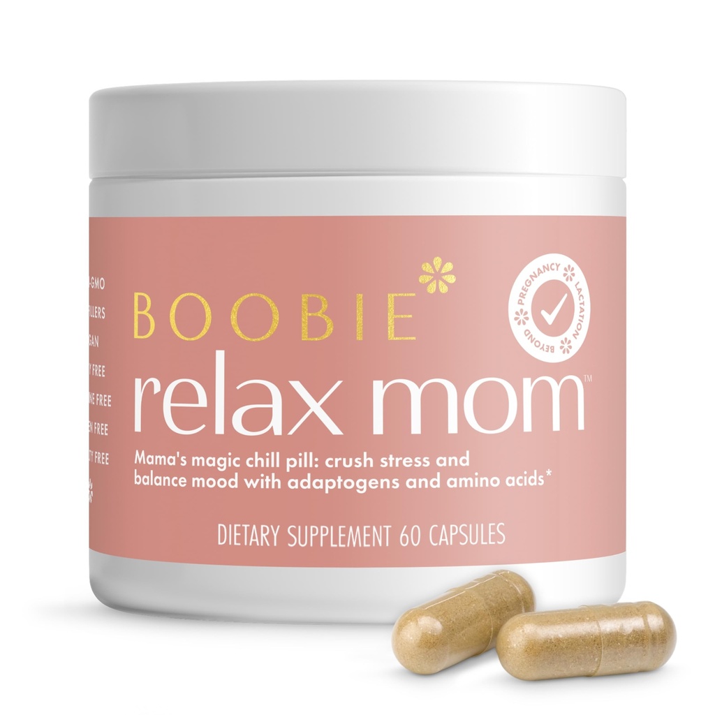 Boobie Relax Mom, Postpartum Stress Support Supplemento | Lactation approvato | Mood and Energy Support with Ashwagandha & L-Theanine, 60 capsule