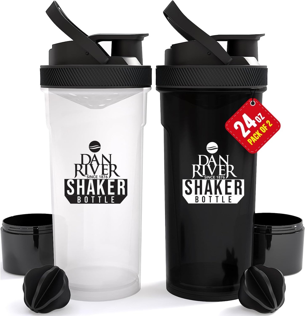 DAN RIVER 2-Pack Shaker Bottiglia | 24oz Plastic Protein Shaker & Mixer | Twist & Lock Design per Smoothies & Protein Mixs | Durable, Leak-Proof, Facile da pulire | Clear & Black Shaker Bottiglie per palestra