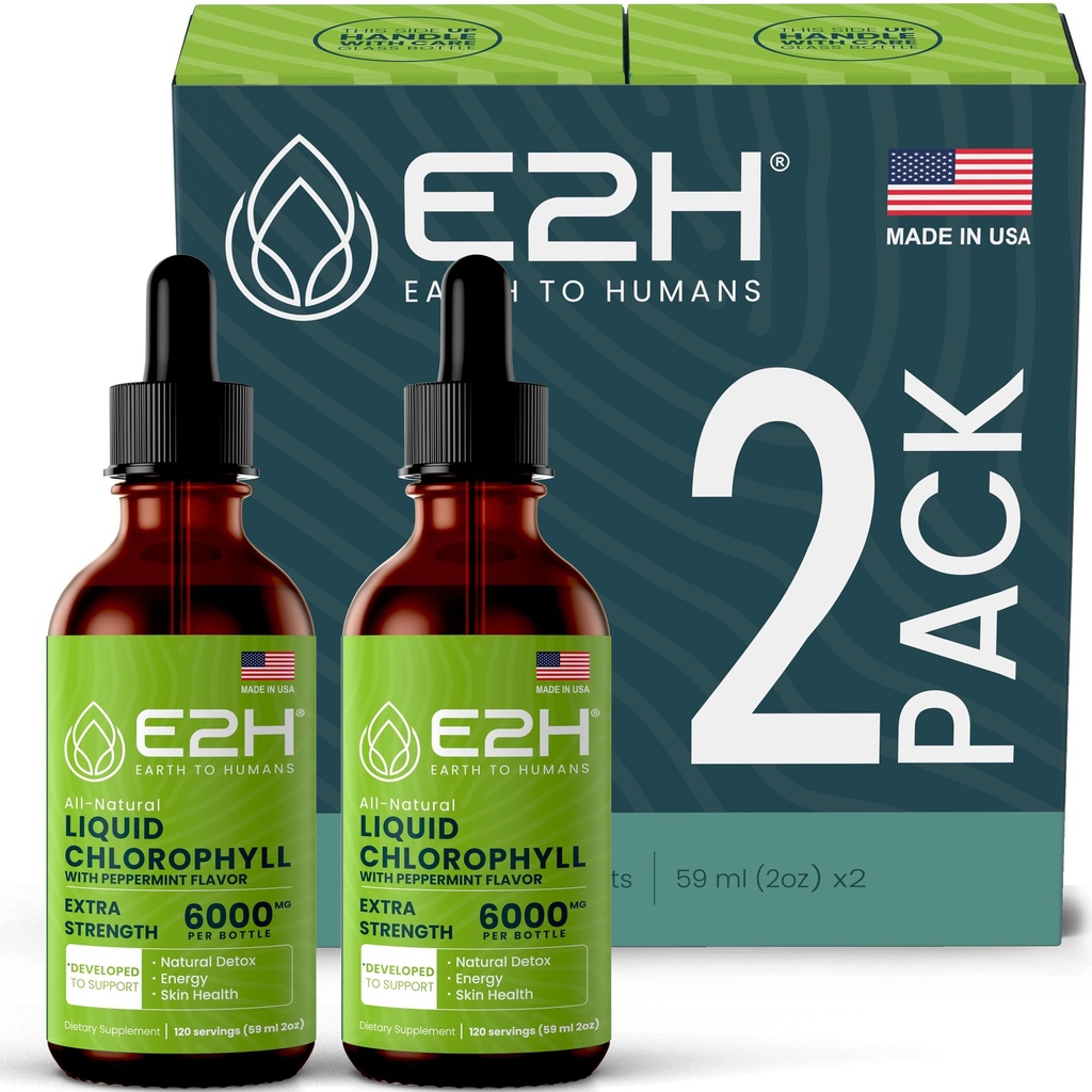 E2H Chlorophyll Liquid Drops - Natural Energy Booster, Immune System Support and Internal Deodorant - Peppermint Flavor - (2 bottiglie)