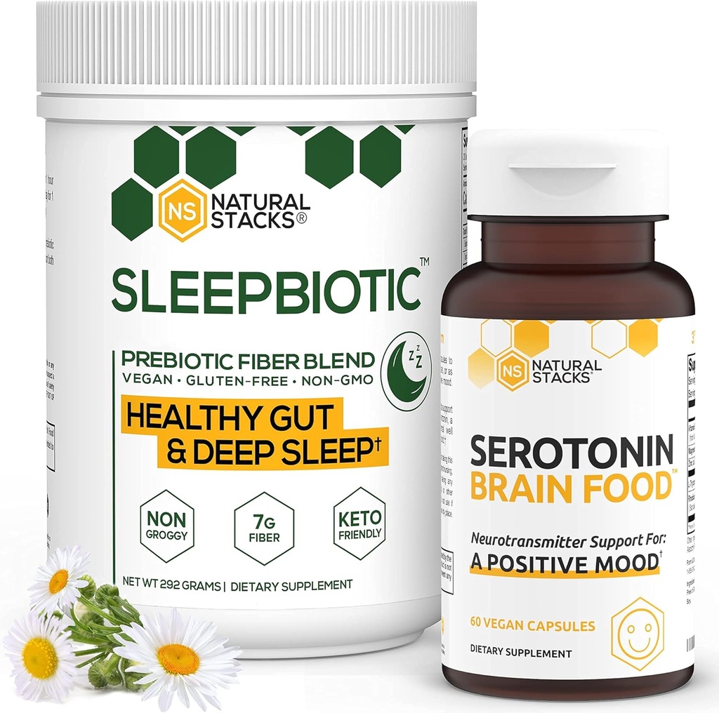 Integratori di macchie naturali Bundle - SleepBiotic Prebiotic Fiber (292g) + Serotonina Supplemento (60 caps) - per Mood & Energy Boost, Salute mentale, Salute Gut e sonno migliore