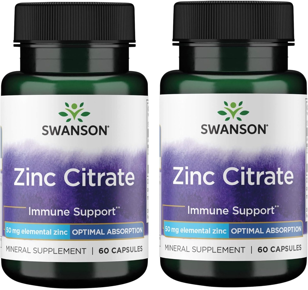 Citrato di zinco di Swanson - Supplemento minerale Promuovere la salute della visione sana e del sistema immunitario - Formula naturale che supporta il benessere generale - (60 capsule, 50 mg ogni) (2 pacchetto)