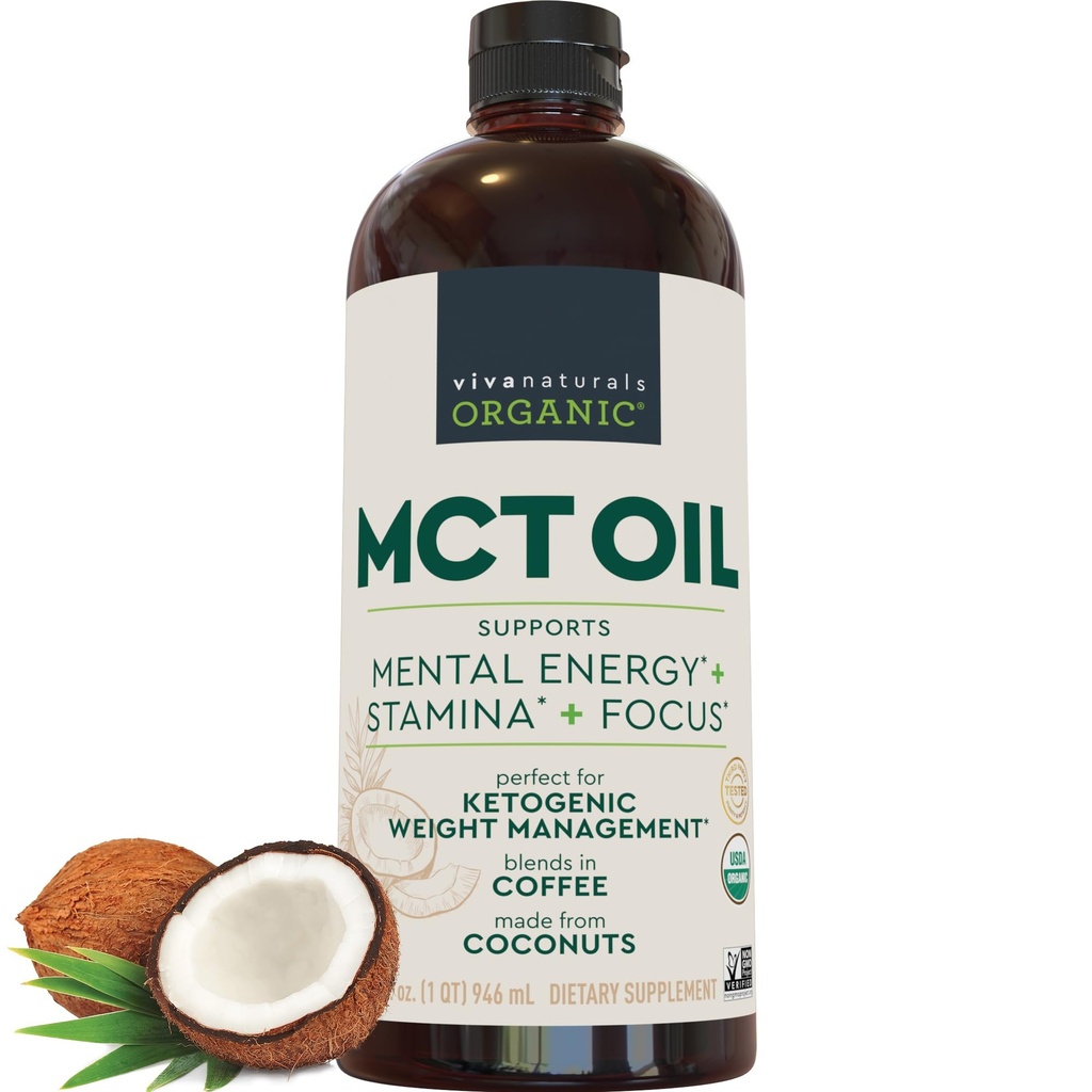 Viva Naturals Organic MCT Olio, 32 fl oz – Olio MCT per il caffè, USDA Organic, Non OGM, Paleo Certified & Keto Friendly, Supporta energia & Clarity Mentale