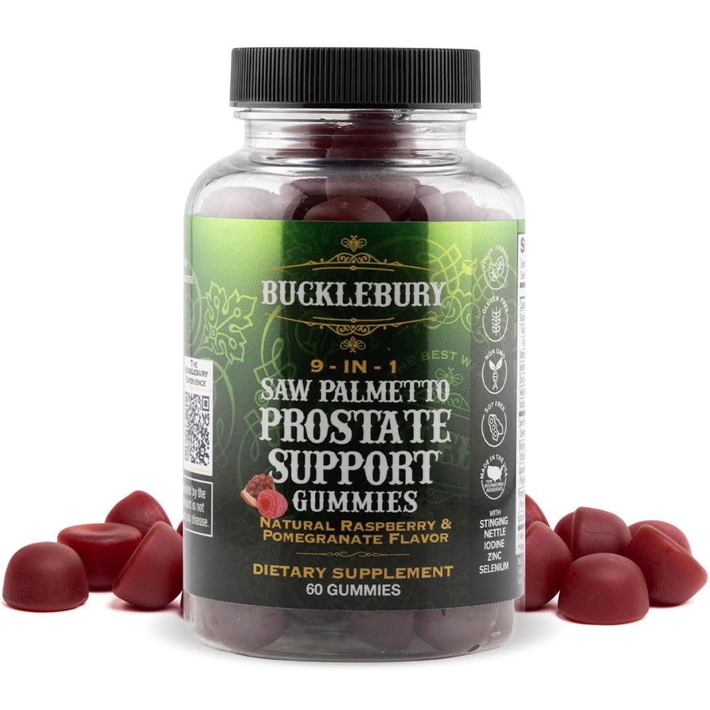 BUCKLEBURY 9-in-1 Natural Saw Palmetto Gummies con Raspberry & Pomegranate Flavor - Plant-Based Prostate Support Supplementi per Mens Bladder Health, Hair Growth & Urinary Support - 60 Gummies