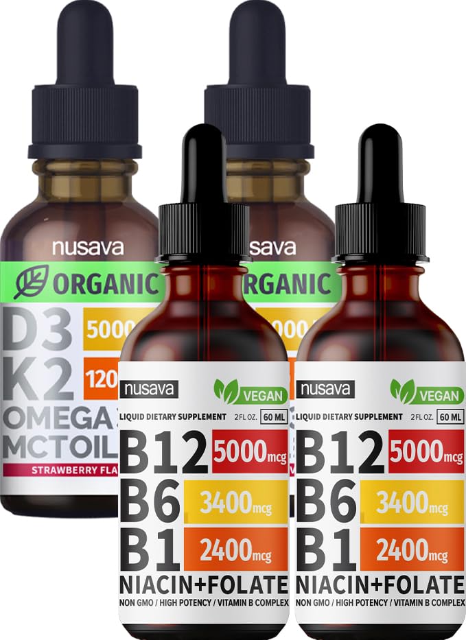 NUSAVA Vitamina B12 Gocce liquide e fragola aromatizzata D3 K2 Bundle - Potenti vitamine liquide per cuore, giunto, energia, & supporto immunitario - Non OGM, senza glutine, 2pk Ciascun