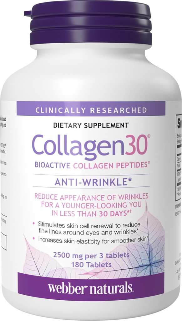 Webber Naturals Collagen30 Antirughe, 2.500mg di Peptidi di collagene bioattivi per il consumo, 180 compresse, aiuta a ridurre le rughe profonde, linee sottili e stimola le cellule della pelle, non OGM, latticini e glutine