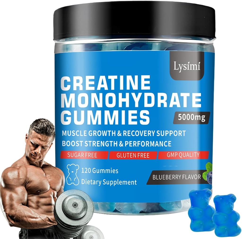 Creatina Monoidrato Gummies - 5g di Creatina Monoidrato per Serving- Aumentare la forza e costruire il muscolo, Zucchero Libero, Vegan, Blueberry Flavor, Ogni bottiglia/120 Capsule, per Uomini & Donne (1)