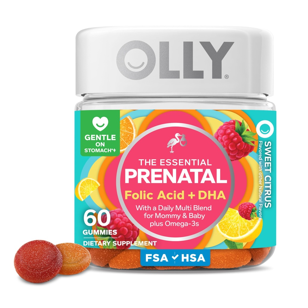 Gomma Prenatale Multivitamina OLLY, Supporta la crescita sana e lo sviluppo del cervello, Acido Folico, Vitamina D, Omega 3 DHA, Chewable Supplement, Citrus Berry Flavor, 30 giorni di alimentazione - 60 conte