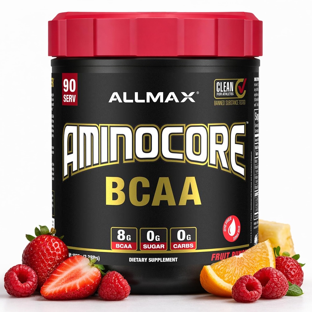 ALLMAX Nutrition AMINOCORE BCAA, Fruit Punch - 945 g Polvere - 8.18 Grammi di aminoacidi a catena ramificata per servire - con vitamine B - Nessun filler o aminoacidi non-BCAA - Sugar Free - 90 Servings