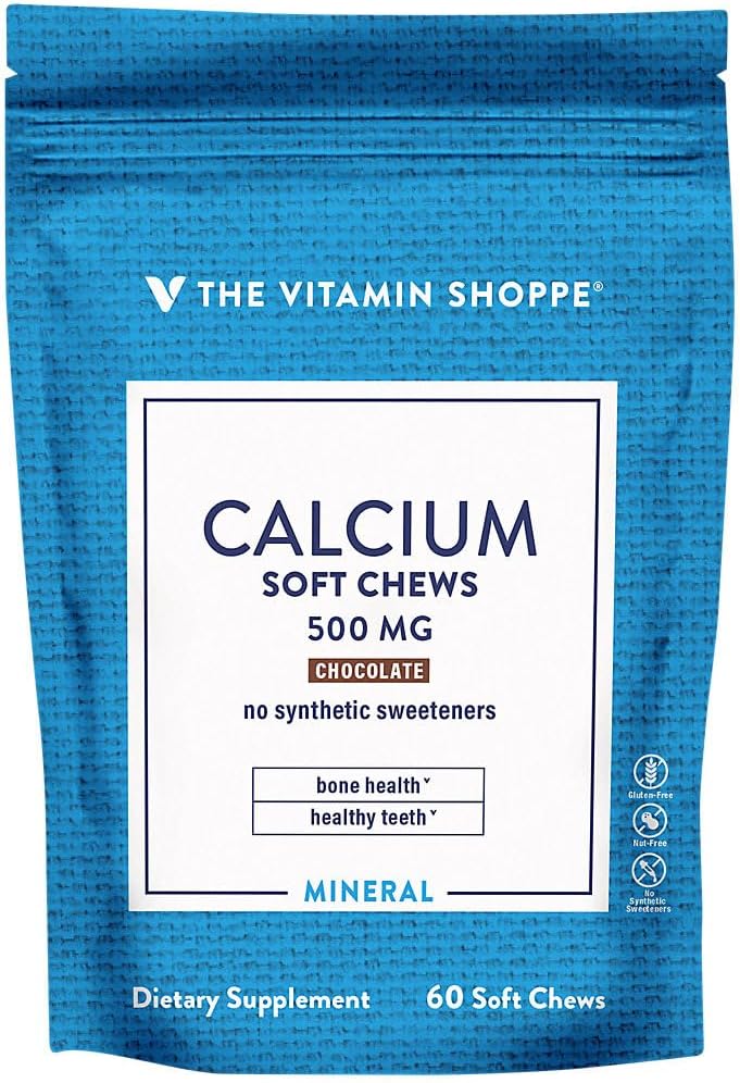 Calcium Chews 1.000mg, Chews aromatizzati al cioccolato – Mineral Essential per le ossa sane e denti, nessun dolcificante artificiale – con vitamina K1 & D3 (60 Chews) di The Vitamin Shoppe