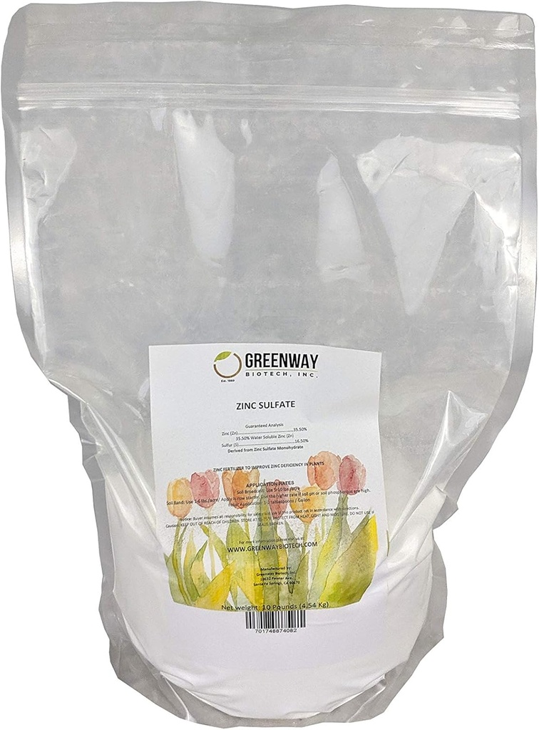 Zinc Sulfate Polvere 35,5% Monoidrato Plus 16.5% Zolfo Greenway Biotech Marca 10 Pounds