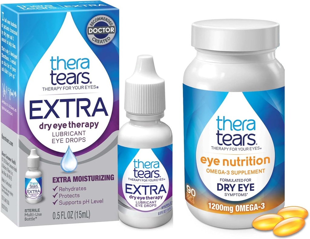 TheraTears 1200mg Omega 3 Supplemento per la nutrizione degli occhi, Trigliceride di lino organico olio di pesce & VIT E,90 conteggio gocce degli occhi, Terapia degli occhi extra asciutto, 15 mL,0.5 Fl oz