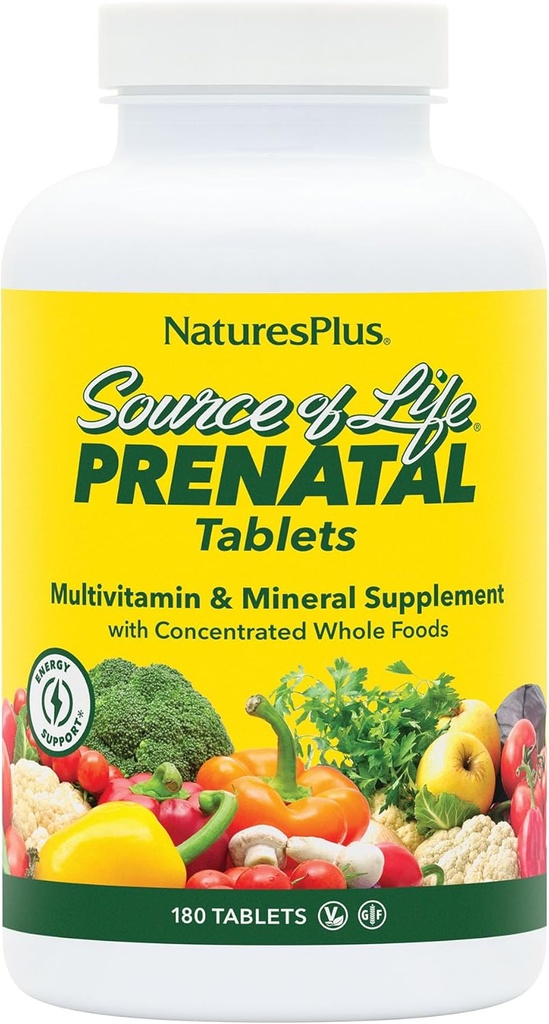 Natura Plus Sorgente di Vita Prenatale - 800 mcg Folate, 180 compresse vegetariane - Tutte le vitamine e minerali prenatali naturali con ferro e calcio - Salute ottimale & energia - senza glutine - 90 Serve