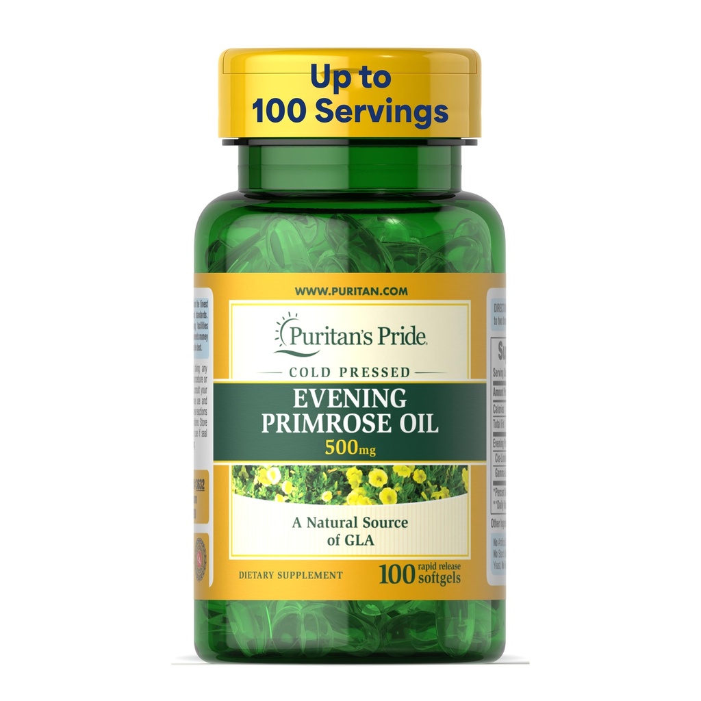 Puritan's Pride Cold Pressed Evening Primrose Oil 500 mg con GLA, Integratore di supporto alimentare per le donne e la salute della pelle, 100 Rapid Release Soft Gel