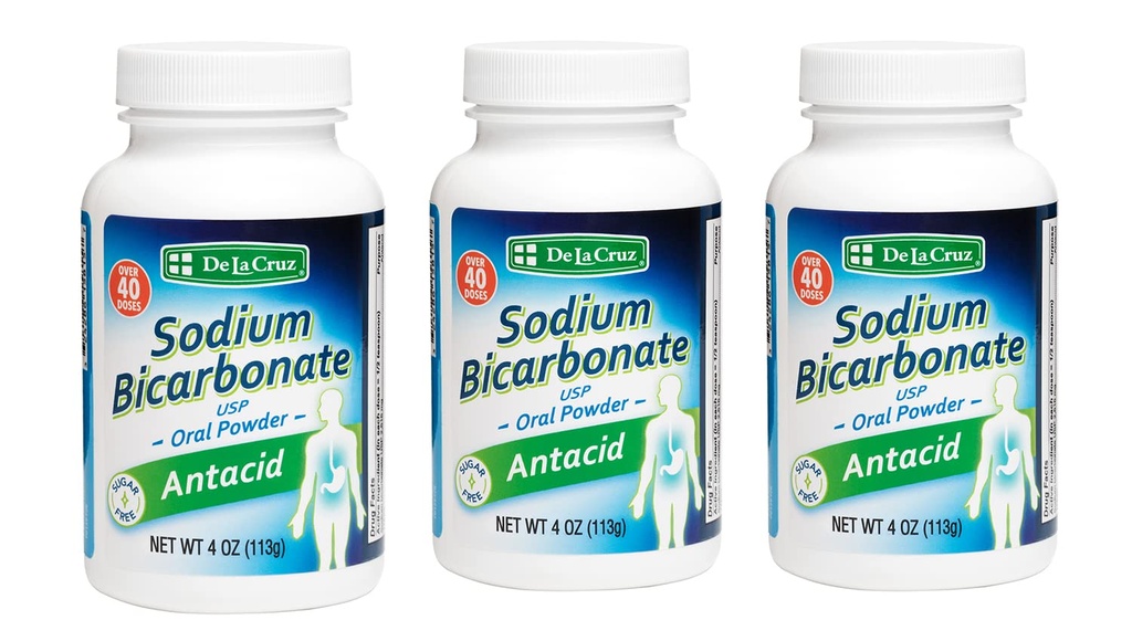 Polvere di bicarbonato di sodio puro di De La Cruz – lievito di sodio & polvere di cottura in alluminio Antacid gratuito per bruciore di stomaco & indigestione – imballato in USA - 4 OZ (3 bottiglie)