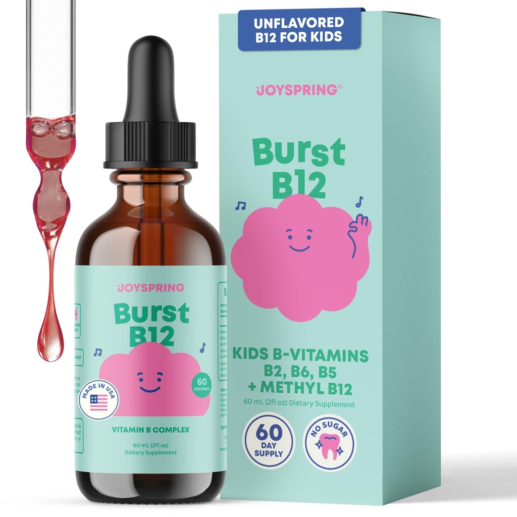 JoySpring Burst B12 Gocce - Vitamina B Complex per bambini (2 fl oz) B2, B6, B5 + Methylcobalamin B12 Bambini Supplemento per sostenere la crescita sana e lo sviluppo, Vegan B12, Età 2-16+ | 60 Servings