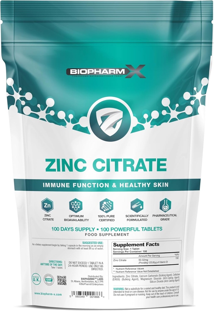 Citrato di zinco (100% puro certificato / massima resistenza 50mg compresse x 100 (1 al giorno)