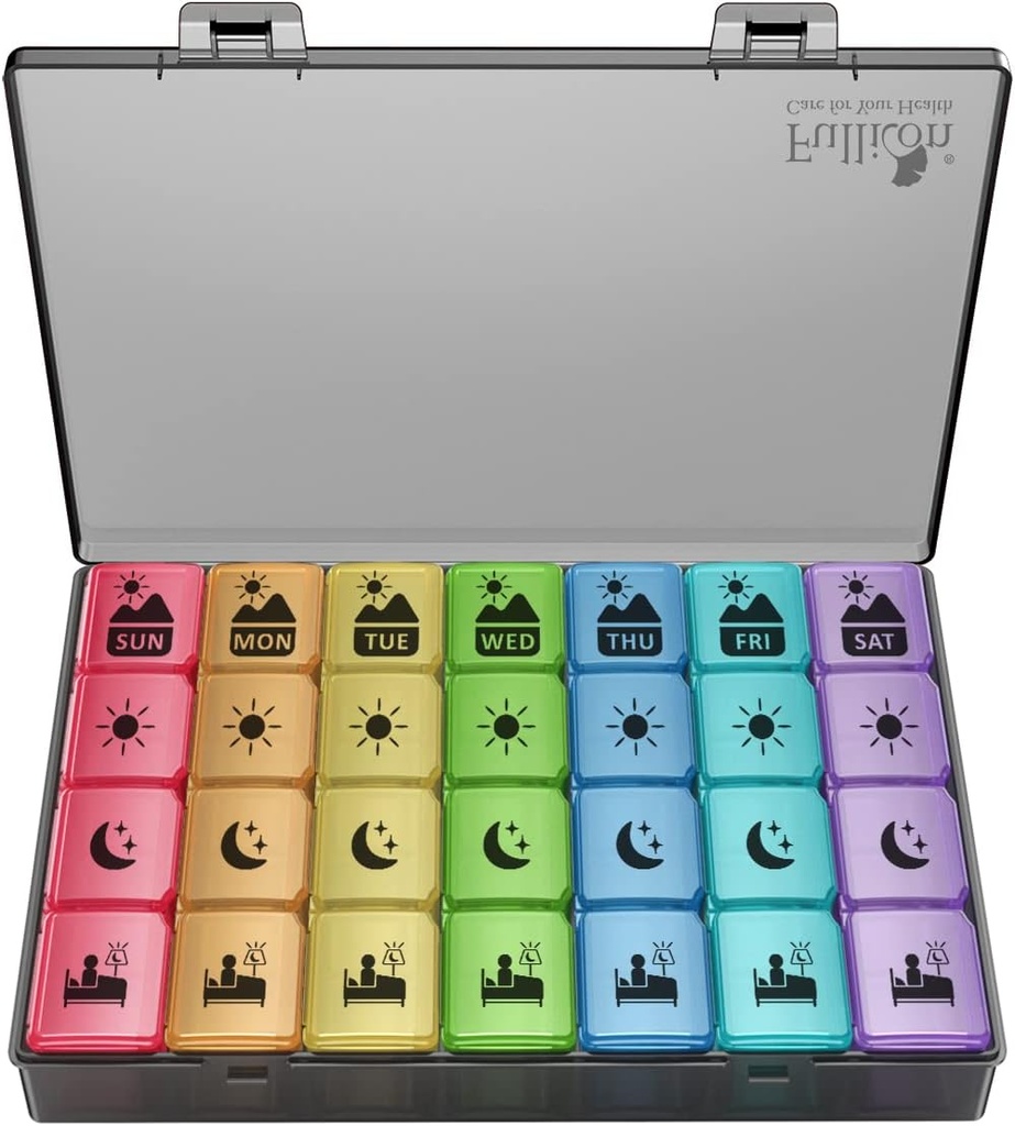 Extra grande organizzatore settimanale di pillole 4 volte al giorno, Fullicon XXL Large Pill Box, 7 Day Medicine Organizer, Nero caso di pillola per vitamina / olio di pesce / materie prime