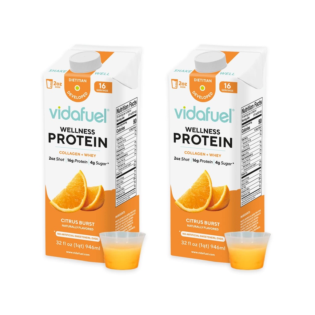 Vidafuel Protein Drink, 16g Protein per 2oz Shot, 32 fl oz Carton, 2 Pack, Citrus, Collagen e Whey Drink, Nessun dolcificante artificiale