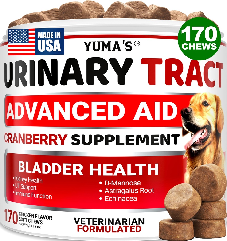 Trattamento UTI cane - 170 Trattamenti - Supplemento di mirtilli per cani - Controllo della vescica - Trattamento delle infezioni del tratto urinario - Medicina UTI Multivitamina - Vitamine e Integratori - Made in Italy