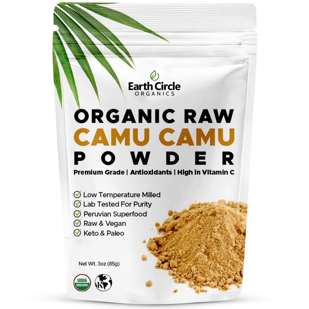 Earth Circle Organics Camu Camu Polvere – Polvere cruda organica di bacche con vitamina C e antiossidanti naturali – Vegan, Kosher, Superfood non OGM per l'immunità e l'energia – 3oz (pacchetto di 1)