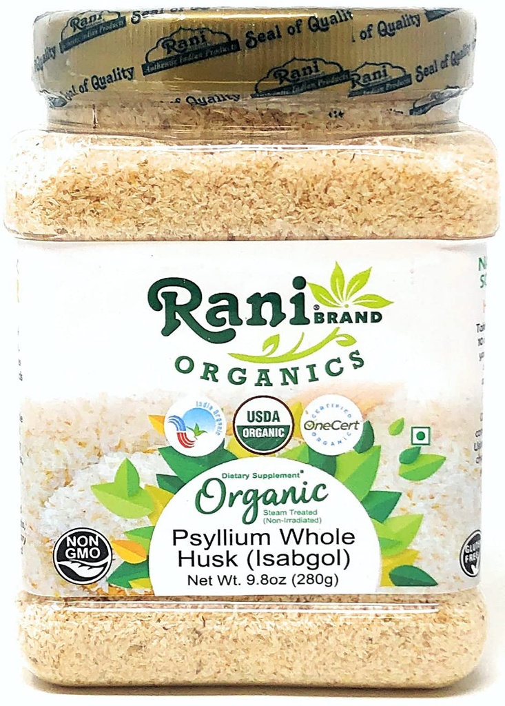 Rani Organics Psyllium Whole Husk Powder (Isabgol), Dietary Fiber Supplement, USDA Organic 9.8oz (280g) PET Jar ~ Tutto naturale | Vegan | Gluten Friendly | Non OGM | Indian Origin