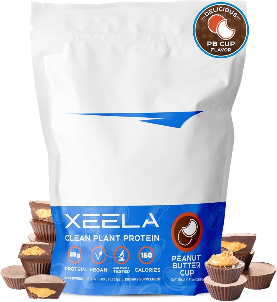 XEELA Plant Based Vegan Protein Powder - Indipendente testato - 25g Alta Proteina, Pea Protein per Uomo & Donne - Vitamine & Minerali, Non OGM, Latticini & Gluten Free, LowCarb & LowFat (Peanut Butter Cup)