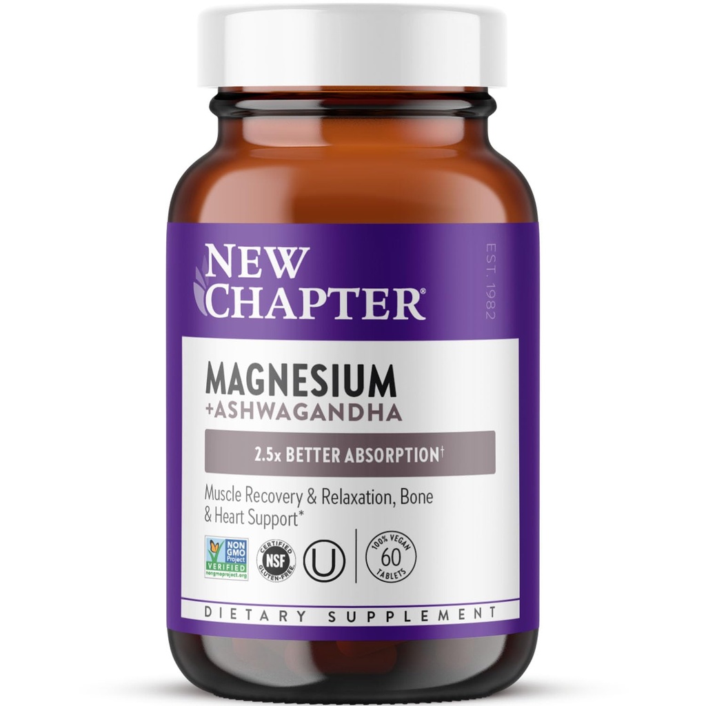 Nuovo Capitolo Magnesio + Ashwagandha Supplemento, 325 mg con Magnesio Glycinate per il Rilassamento muscolare & Recupero, Cuore, Nerve & Bone Salute, 2.5X Assorbimento, Non-GMO - 60 ct (2 Mesi di Alimentazione)