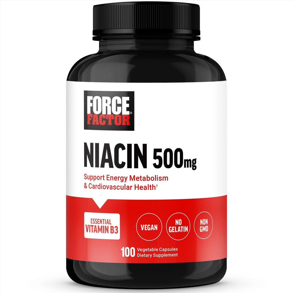 FORCE FACTOR Niacin Vitamina B3 per sostenere l'energia cellulare e la salute cardiovascolare, Niacin 500mg supplemento di salute cardiaca, Vegan, No Gelatin, Non-GMO, 100 capsule vegetali