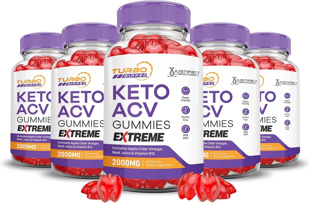 (5 Pack) Turbo Ripped Keto ACV Gummies Extreme 2000MG Turbo Ripped Keto Gummies Aceto di sidro di mele Formulato con Polvere di succo di barbabietola di melograno B12 Vegan Non GMO 300
