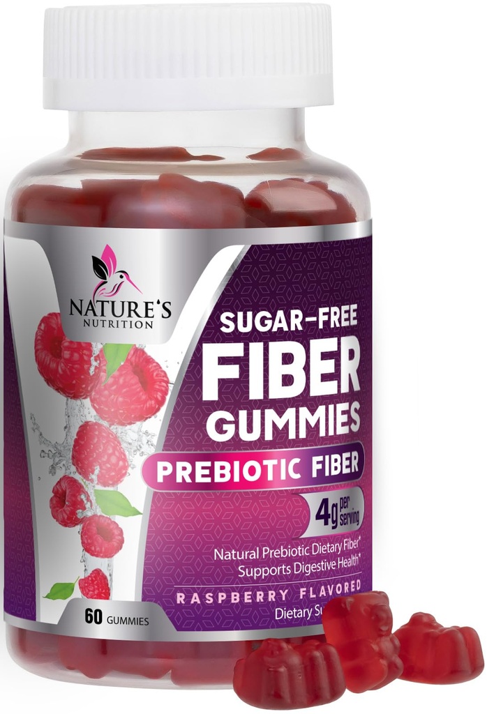 Prebiotic Fibra Gummies 4g - Zucchero Gratuito Gomma Fibra Integratore per Adulto Digestivo Salute e Regolarità Supporto - Natural Raspberry Flavor, Frullante Basato sulle piante, Non OGM & Gluten Free - 60 Gummies