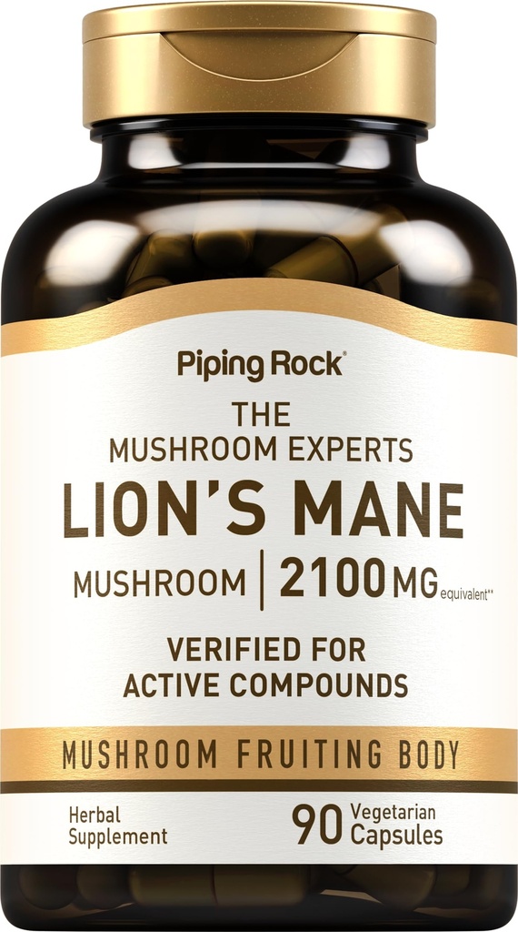 Piping Rock Lions Mane Supplemento capsule | 2100mg | 90 Count | Estratto del corpo di fruttificazione di funghi per gli uomini e le donne | Hericium Erinaceus | Vegetariano, Non OGM, Gluten Free