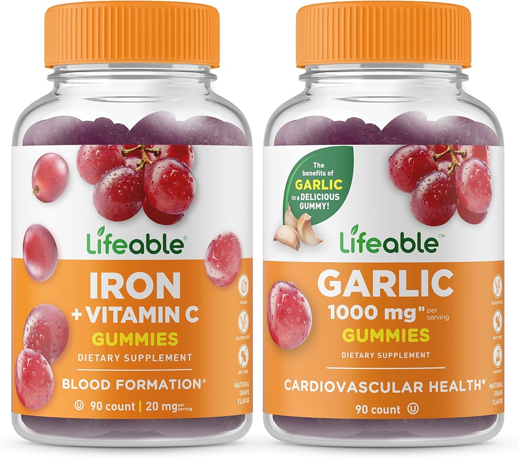 Ferro vitale con vitamina C + Aglio 1000mg, Gummies Bundle - Grande Degustazione, Integratore di vitamina, Senza glutine, OGM Free, Gummies