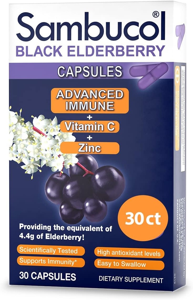 Sambucol Black Elderberry Capsules - Immune Avanzato, Vitamina C e Zinco, Elderberry Capsules, Integratore di Supporto Immune, Integratori Black Elderberry, Gluten Free, Facile da Ingoiare Capsule - 30 Conte