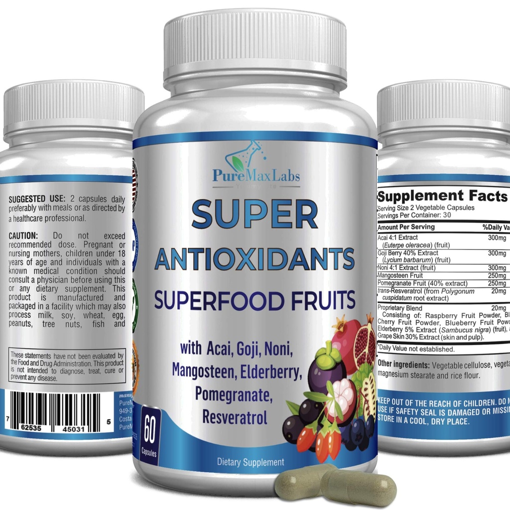 Super Antiossidante Fruit Superfood Complex - Potente Antiossidante Superfrutti, Acai, Goji, Noni, Mangosteen, Pomegranate, Elderberry, Resveratrolo, Supporto immunitario, Cura della pelle - 60 capsule