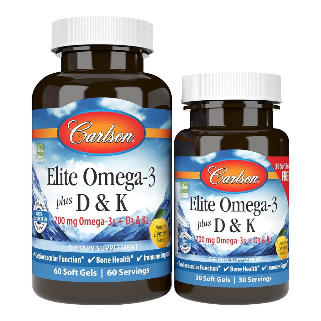 Carlson - Elite Omega-3 Plus D & K, 700 mg Omega-3 + D3 & K2, Funzione, Bone Health & Immune Support, Lemon, 60+30 Softgel