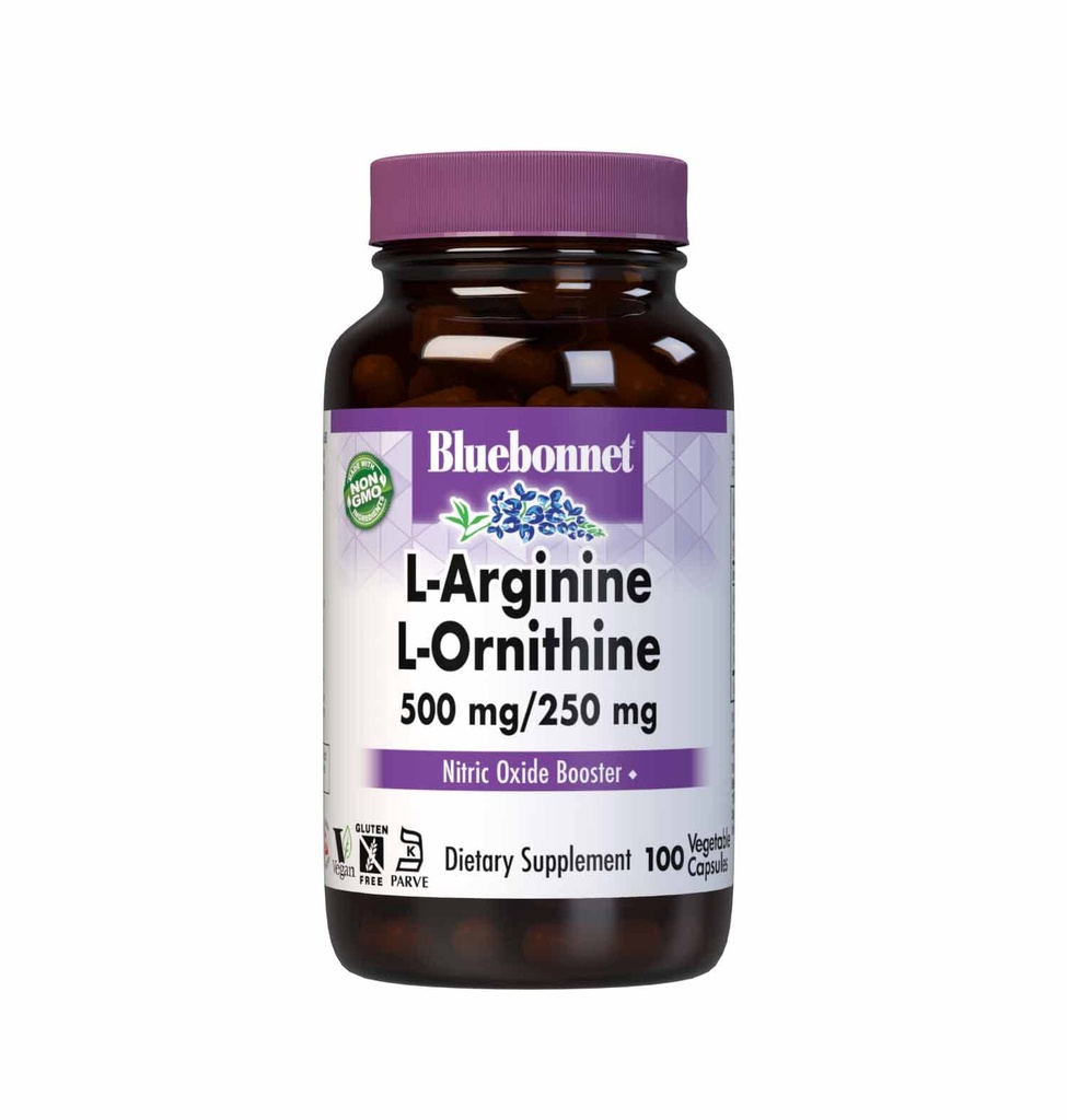 Bluebonnet Nutrition L-Arginina 500mg/L-Orinithine 250mg, Supporta Metabolismo Proteine*, Soia-Free, Senza Glutine, Non OGM, Certificato Kosher, Vegan, 100 capsule vegetali